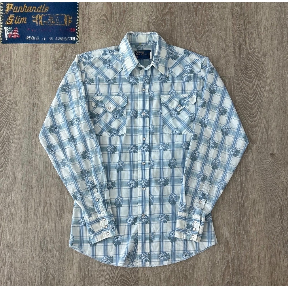 VTG Panhandle Slim Mens Western Pearl Snap Shirt Blue Plaid Floral 15 35 (M) USA